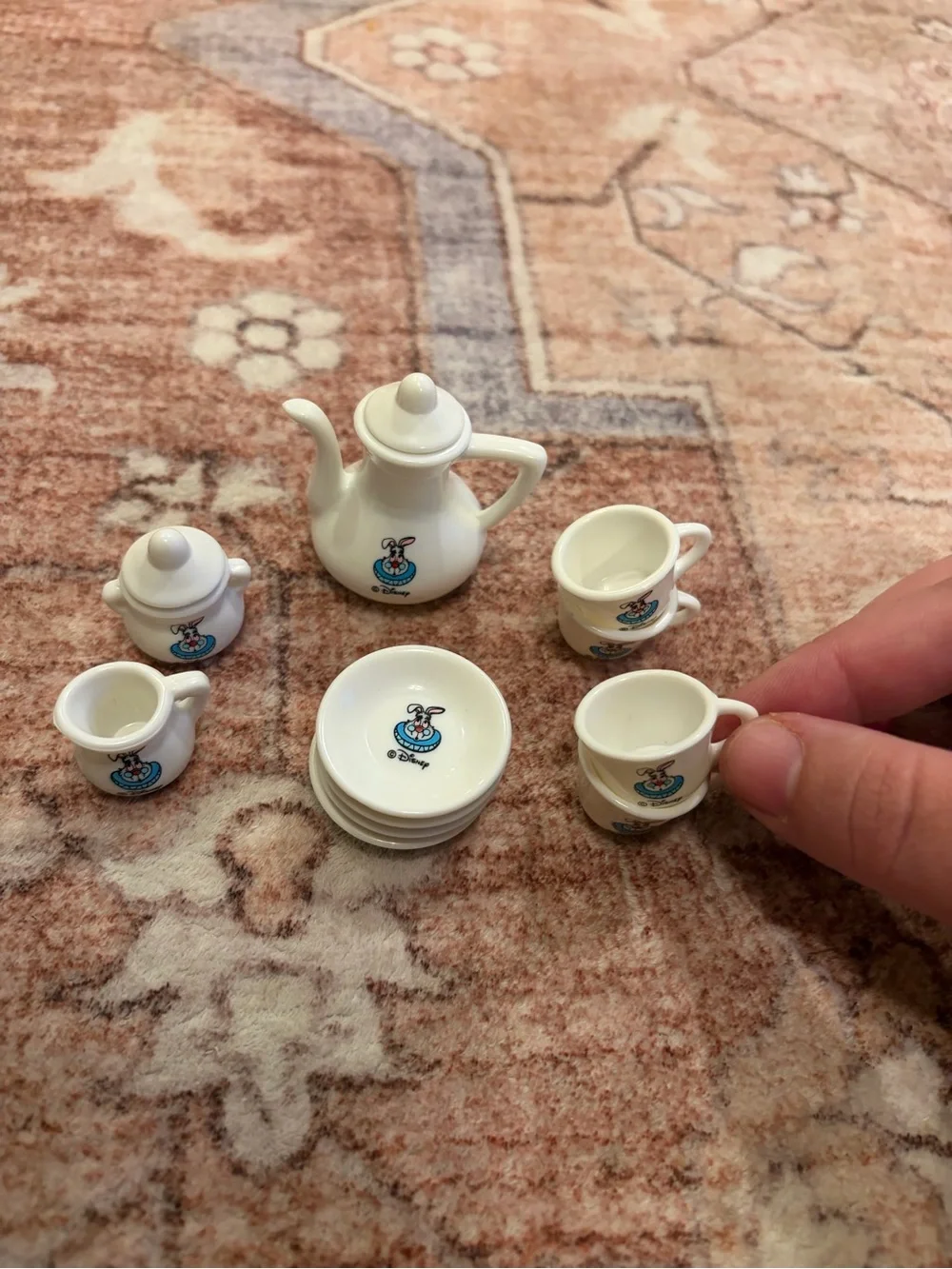 Disney White Plastic Bunny Miniature Tea Set with Alice in Wonderland Bunny